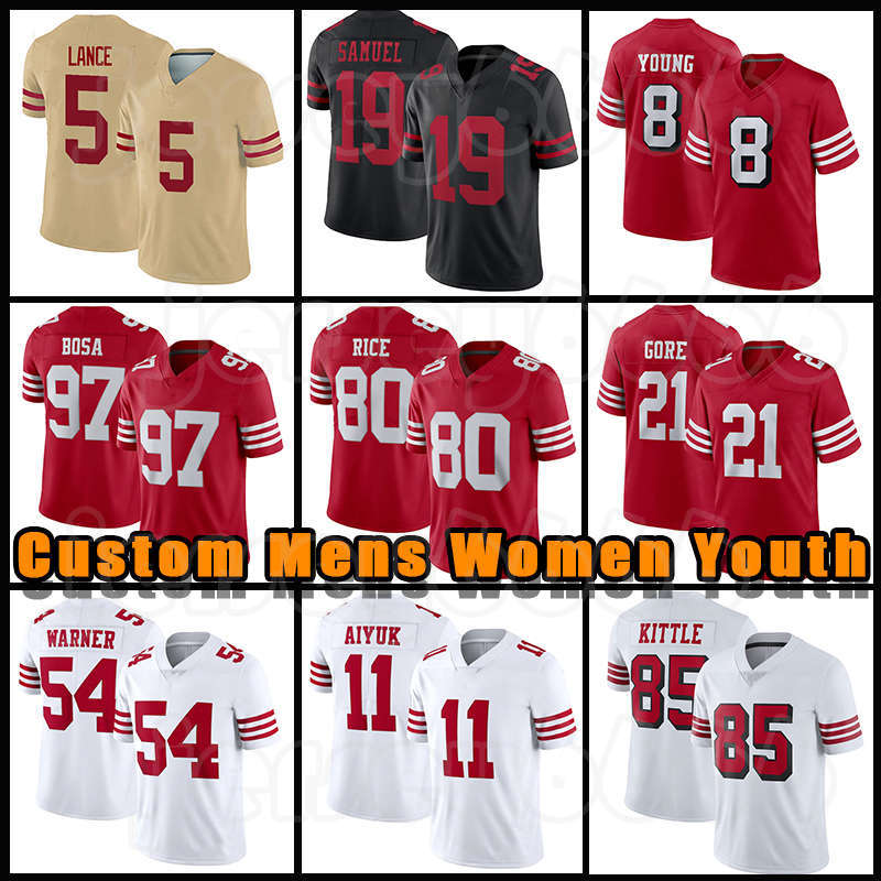 

5 Trey Lance 85 George Kittle 19 Deebo Samuel Football Jerseys 97 Nick Bosa Jerry Rice Fred Warner Jimmy Garoppolo Brandon Aiyuk Kyle Juszczyk Joe Montana Steve Young, Custom women(49ren)