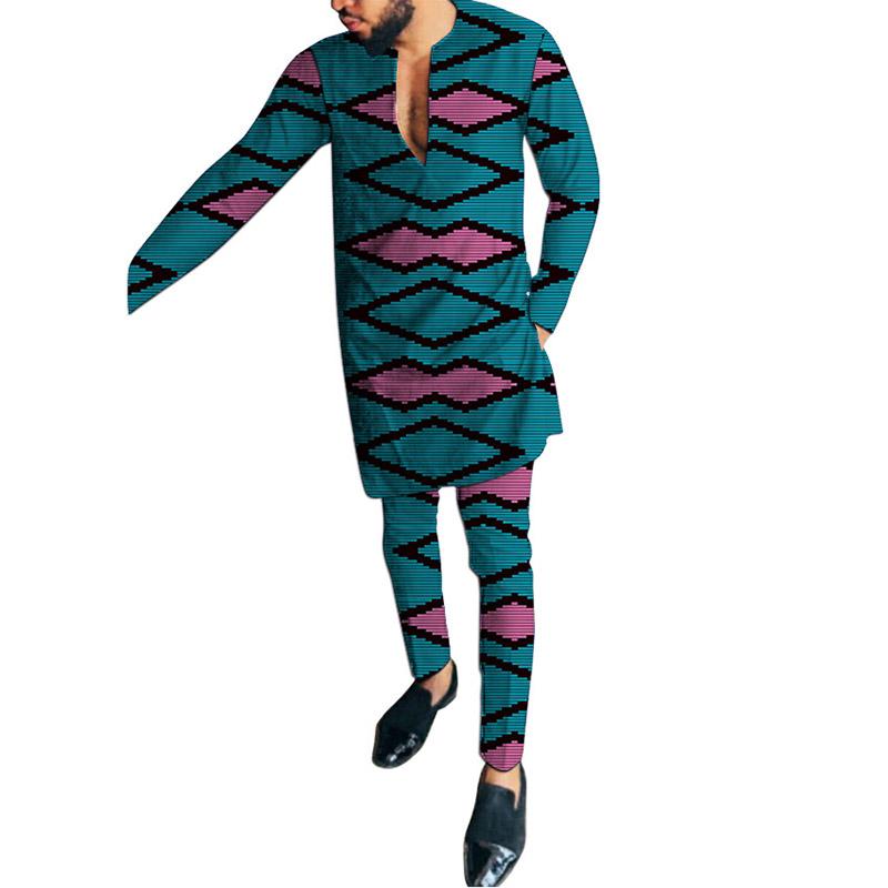 

Men's Tracksuits African Print V-neck Shirts With Trousers Tailor Made Pant Sets Fashion Male Groom Suits Dashiki Outfits Party Clothes