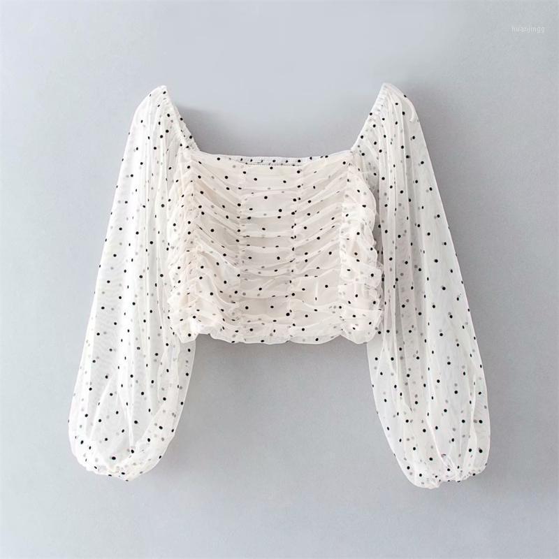 

Summer 2022 Casual Collar Seven-Sleeve Laminated Decorative Wave-dot Mesh Top Shirt, Beige