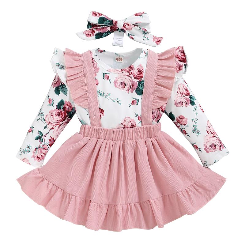 

Clothing Sets 0-3Y Born Baby Girls 3Pcs Clothes Set Floral Long Sleeve Romper + Suspender Skirt And Headdress Children Outfits Suit, Pink