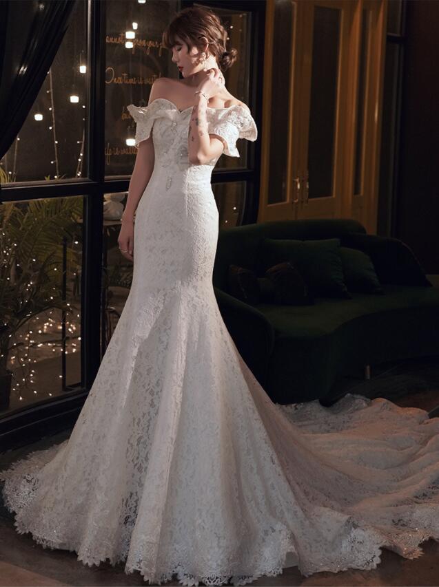 

2022 New off-Shoulder Mermaid fishtail Wedding Dress Simple Small Trailing Slim Fit Wed Dress Vestido de novia, White