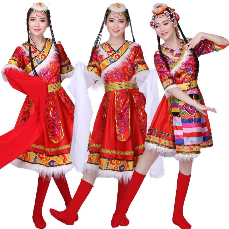 

Stage Wear Folk Dance Performance Dress Female Tibetan Adult Water Sleeve Suit Full Skirt Swing DressStage, Red