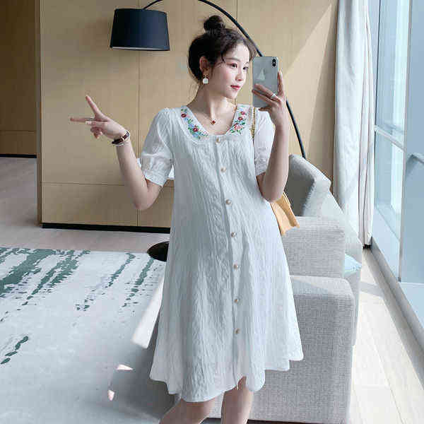 

Maternity Dress Female New Lace Embroidery Large Size Loose Long Skirt Pregnancy Clothes Maternity Dresses for Photo Shoot G220418, White embroidery
