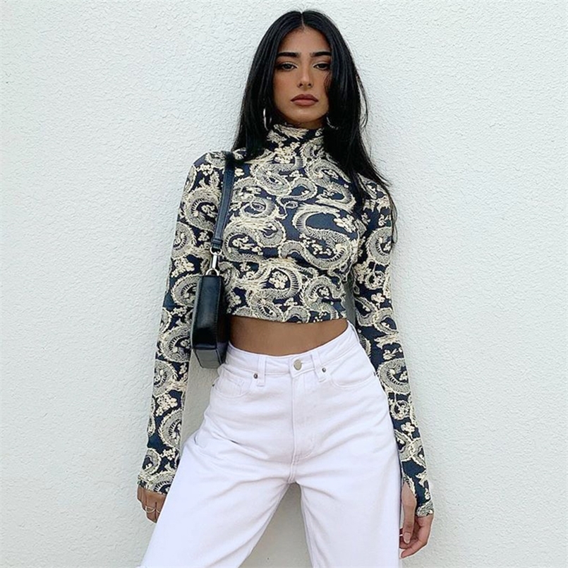 

Fashion Trend Women s Stylish Dragon Printed Crop Tops Long Sleeve High Collar Slim T shirt Skinny Tees for Spring Autumn 220728, Beige