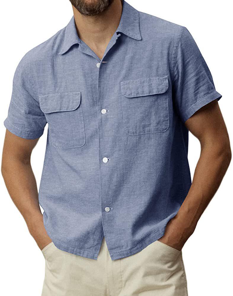 

Men's Casual Shirts Men 2022 Summer Cotton Linen Short Sleeve Tops Double Pocket Tooling Turn-down Collar Shirt Men's ClothingMen's, White