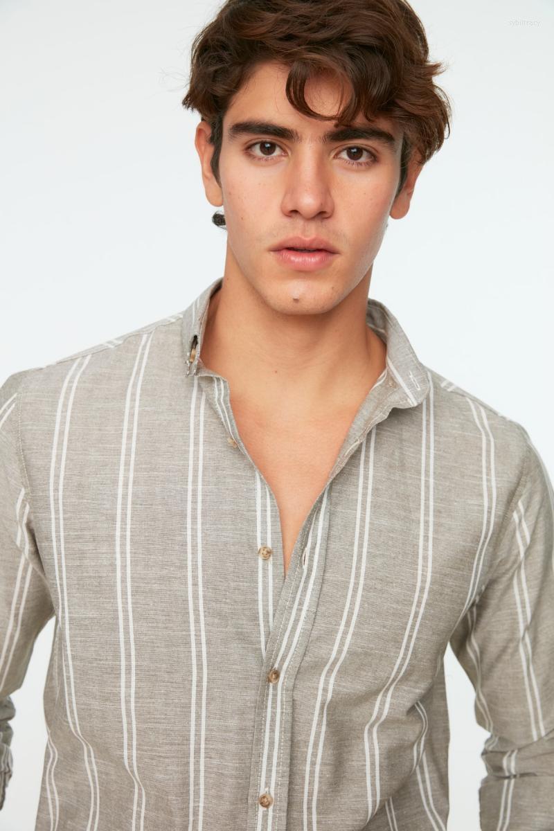 

Men's Dress Shirts Khaki Men's Slim Fit Buttoned Collar Thin Striped ShirtMen's Sybi22, As pic