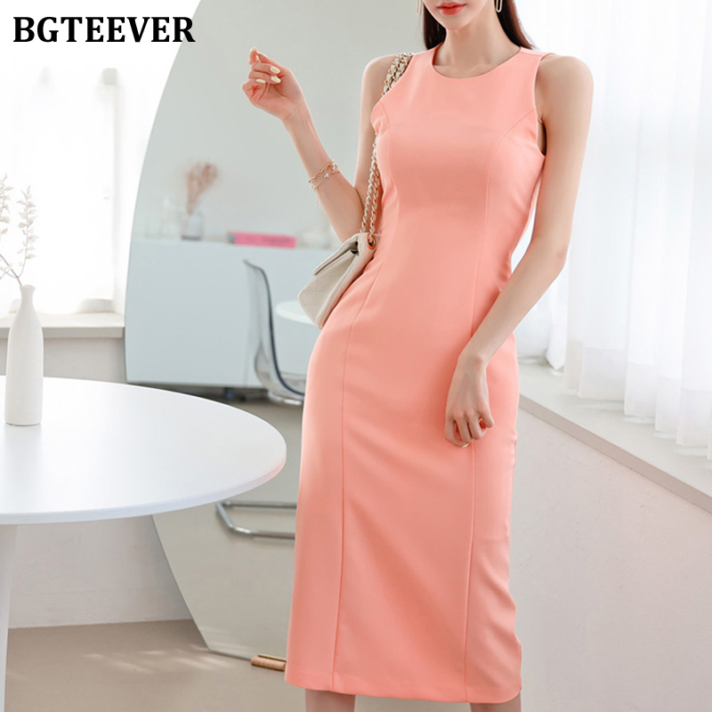 Summer Elegant Solid Split Female Pencil Dress Office Ladies Sleeveless Slim Waist Package Hip Vestidos 2021-image-757396329