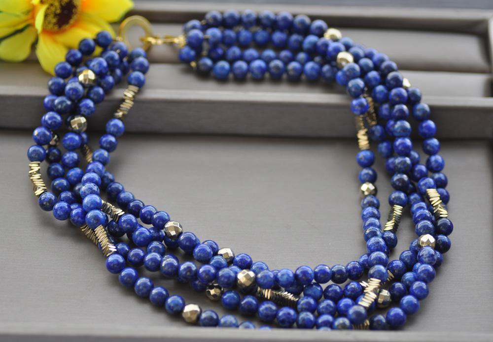 

Chains Z10227 5Row 18" 8mm Natural Round Lapis Lazuli Gold Hematite Necklace