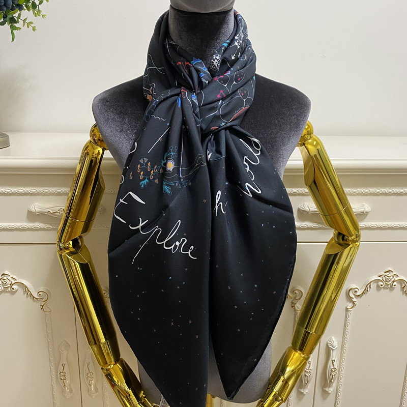 

Women's square scarf scarves good quality 100% twill silk material black pint letters pattern size 130cm- 130cm
