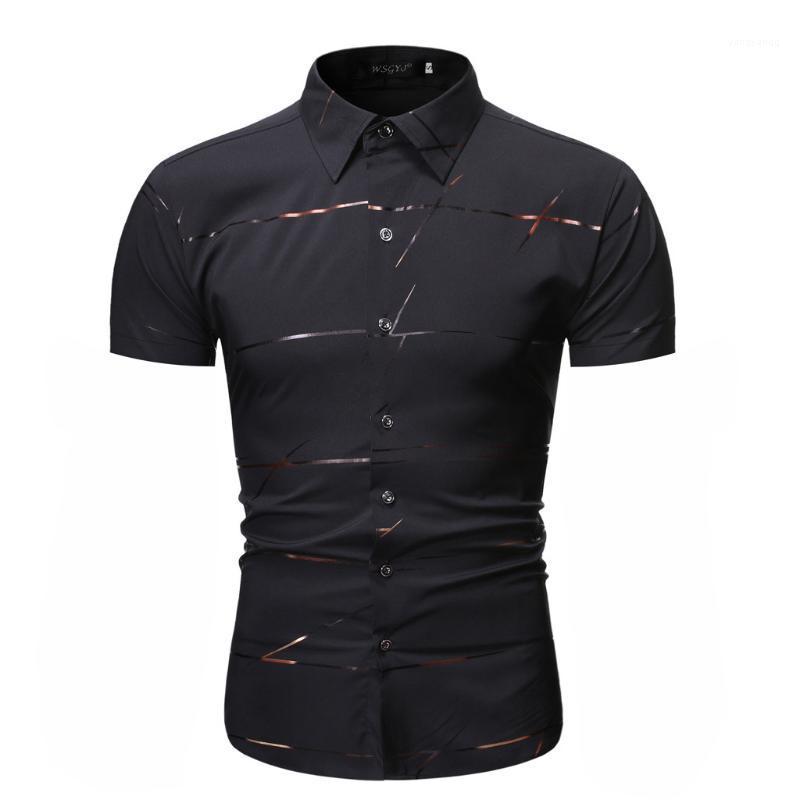 

Gold Stamping Printing Men' Shirts Summer Short Sleeve For Men Casual Button Turn-down Collar Blouse Top Chemise Homme, Red
