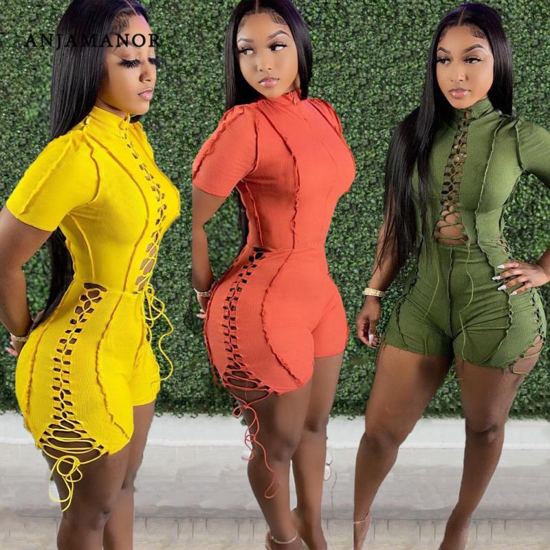 

Women's Jumpsuits & Rompers ANJAMANOR Sexy Cutout Strappy Bandage Playsuits Rib Knit Jumpsuit Clubwear 2022 Wholesale Lots Bulk Clothes D30-, Black;white