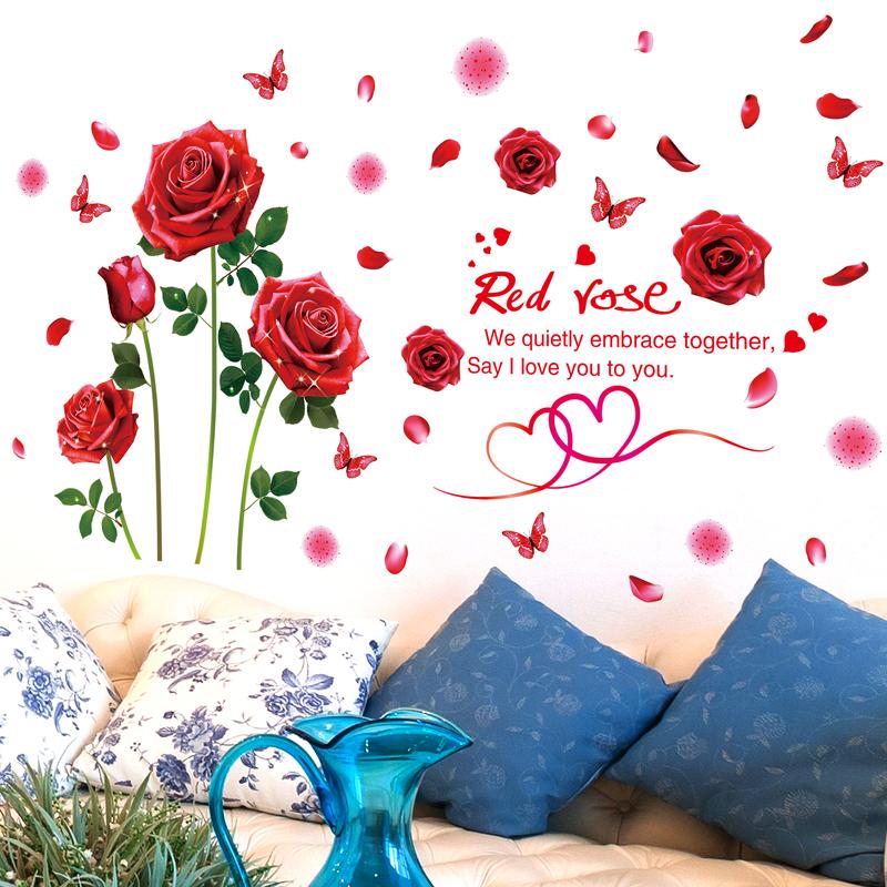

Wall Stickers Red Rose Flower DIY Plant Decals For Living Room Bedroom Home Decoration Accessories