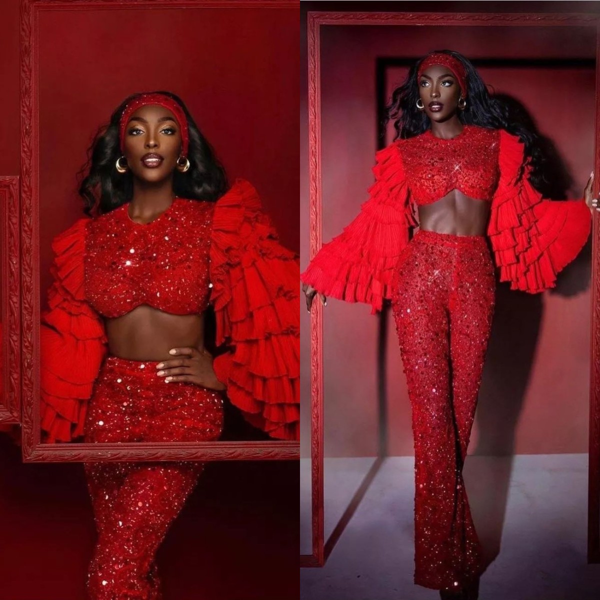 

Red Sequin Evening Dresses Two Pieces Ruffle Long Sleeve Prom Gowns Pant Suit Fashion Party Dress African vestido de novia, Champagne