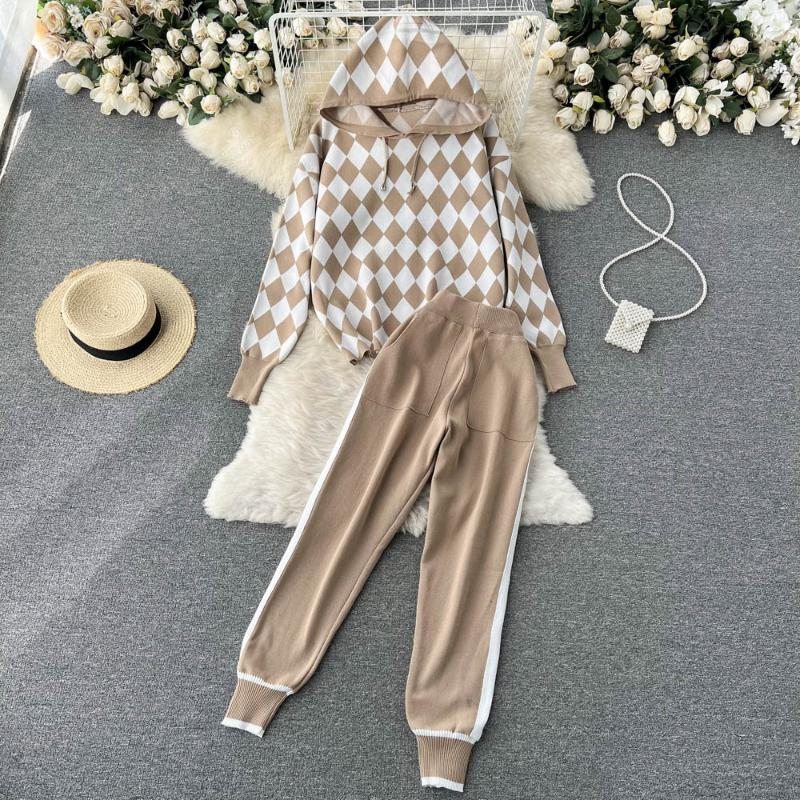 

Women's Two Piece Pants Autumn Winter Thick Warm Knitted Set Women Checkerboard Long Sleeve Hooded Loose Sweater + Pocket Harem Suit, Black