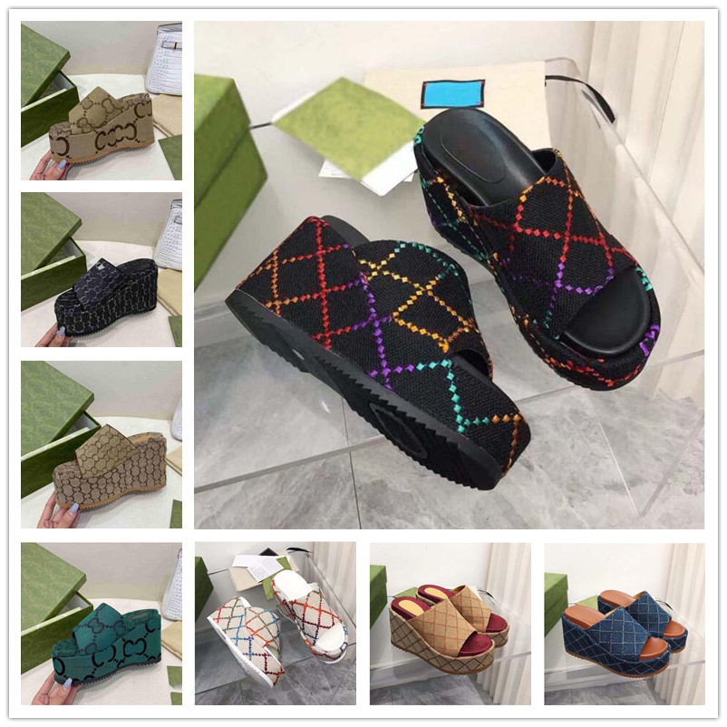 

2022 New Designer Slipper Woman Platform Sandals Summer Fashion Embroidered Canvas Thick Bottom Slides 11CM high heel Sandals slippers, ##1