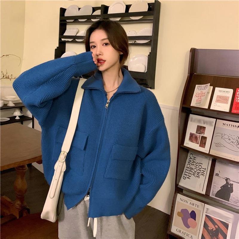 

Women's Knits & Tees Autumn And Winter Fashion Knitted Top Solid Color Pocket Stand Collar Loose All-match Zipper Sweater Cardigan WomenWome, Pink
