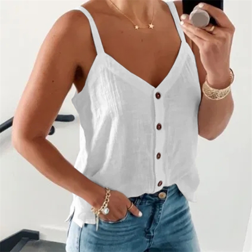 Noir Vneck Button Tee Shirts Femmes D'été Y2K Vêtements Spaghetti Strap Lâche Simple Débardeurs Femme Plus La Taille 5XL Tshirt 220607