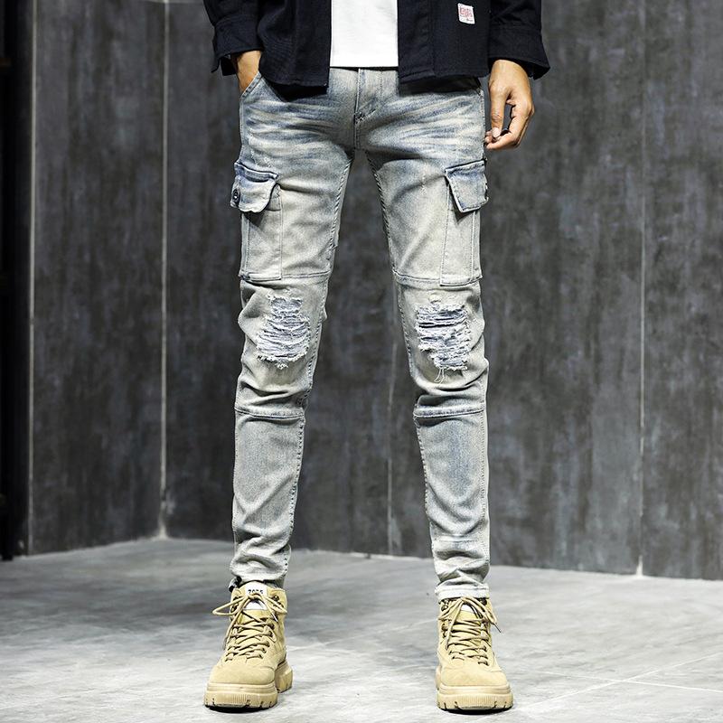 

Men's Jeans Spring Summer Men Biker Casual Ripped Pocket Regular Denim Pants 2022 Fashion Slim Long Hole Riding JeansMen's, Blue