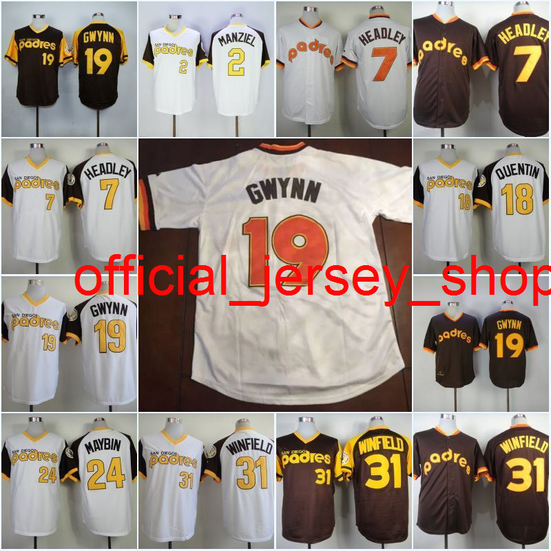 

Men 1984 #19 Tony Gwynn 31 Dave Winfield 2 Johnny Manziel 7 Chase Headley 18 Carlos Quentin 24 Cameron Maybin 34 Rollie Fingers Jersey, White