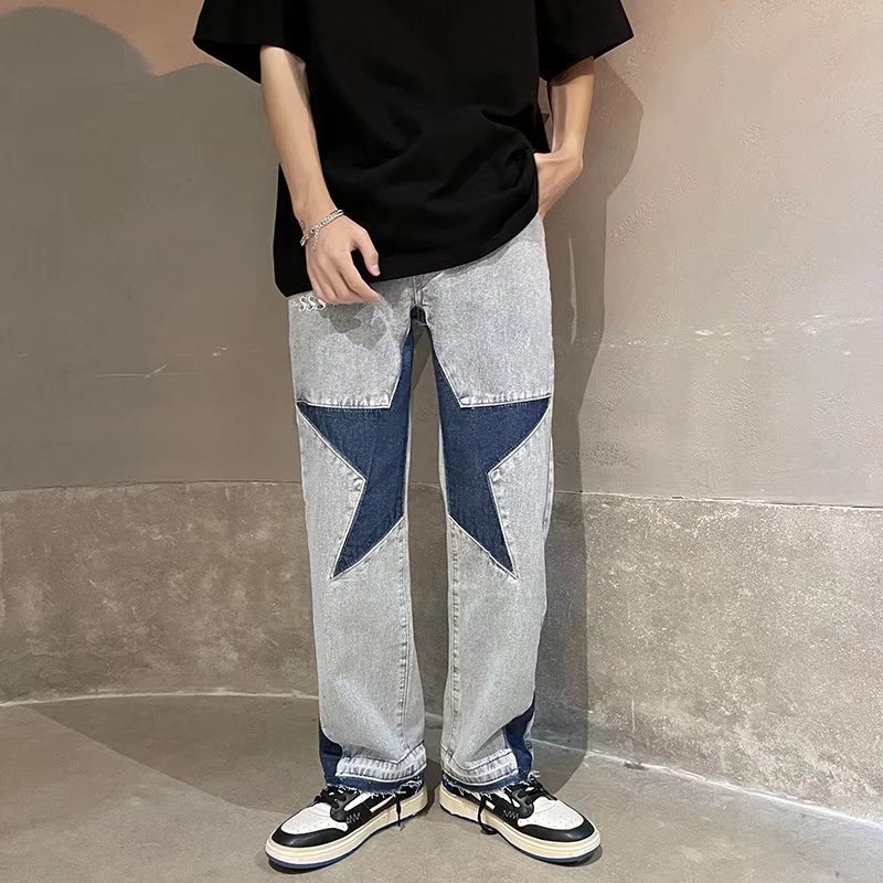 

Harajuku Stars Embroidery Patchwork Straight Flare Men Jeans Y2k Pants Mens Retro Ripped Oversized Casual Denim Trousers 0615, Blue