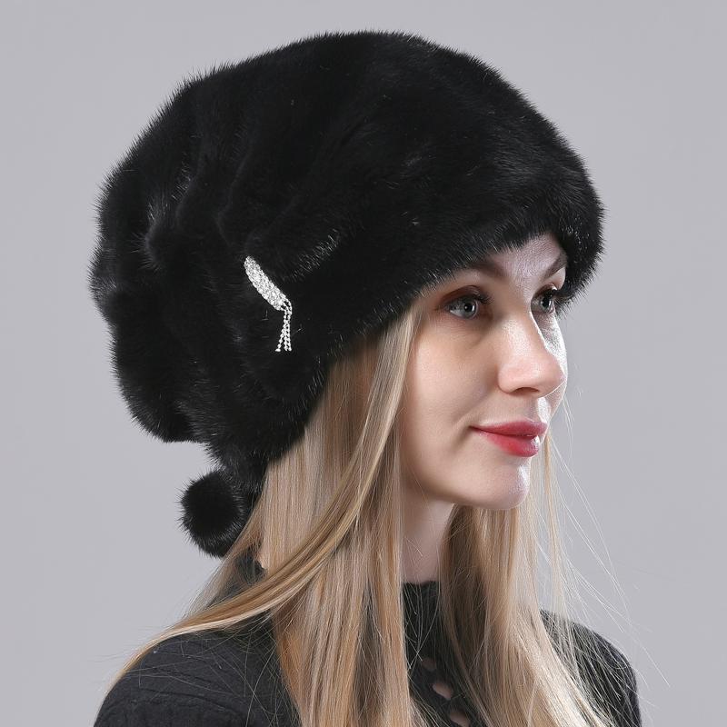 

Berets Russian Fur Hat Winter Warm Natural Mink Hats For Women Classic Luxury Caps Earflap Christmas HatBerets, Black
