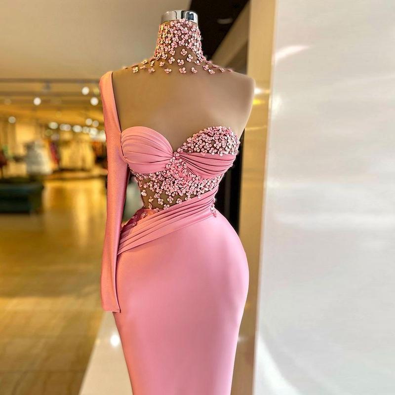 

Party Dresses Pink Sexy Elegant Mermaid Evening High Neck Single Long Sleeves Flowers Crystals Women Prom Pageant Gowns Custom MadeParty, Black