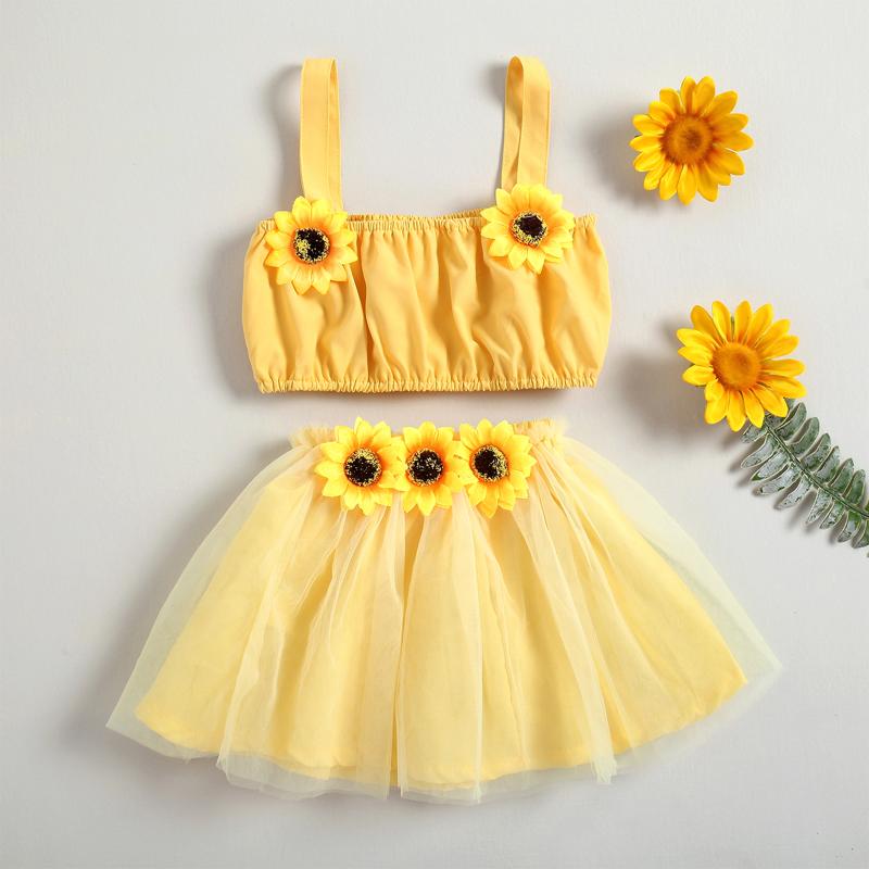 

Clothing Sets 2Pcs Girls Summer Set 3D Sunflower Elastic Sleeveless Crop Vest Top Short Gauze Skirt For Toddlers Baby GirlsClothing, As pic
