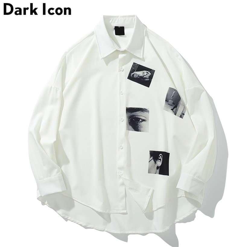 

Dark Icon Printed Oversized Shirt Men Summer Turn-down Collar ' Shirts Three Quarter Sleeve for 220323, Black shirt