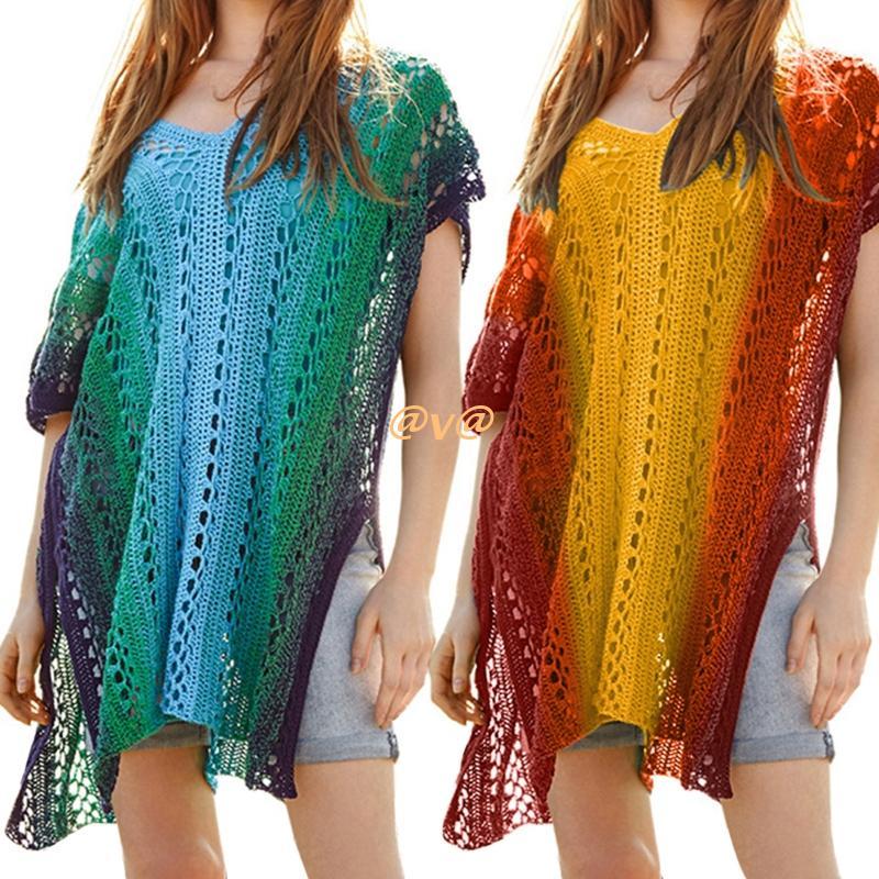 

Women's Swimwear Bikini Cover Ups Beach Pullover Dress Hollow Crochet Sexy Stitching Color Beachwear Down Sleep For SwimwearWomen's, Red yellow