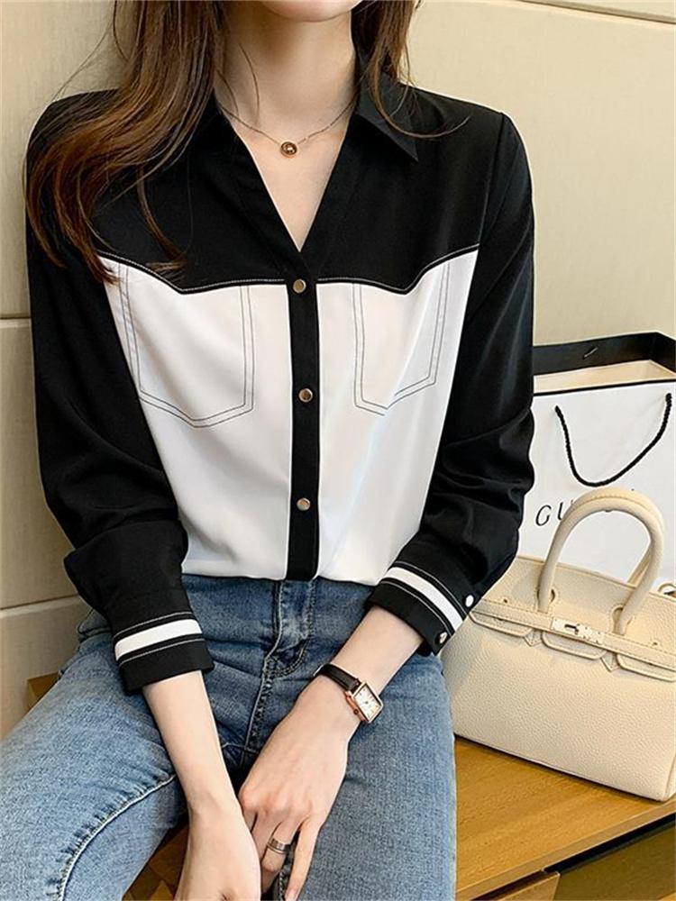 

Women' Blouses & Shirts Spring Women Black And White Stitching Chiffon Elegant Shirt Korean Fashion OL Style Female Casual BlouseWomen, As the picture
