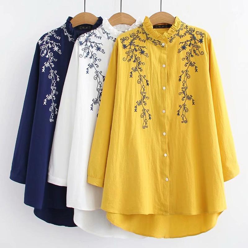 

Women's Blouses & Shirts Spring Fall Casual Women Feamle Ruffle Neck Yellow White Long Sleeve Linen Blouse Top, Womens Embroidery Cardigan T