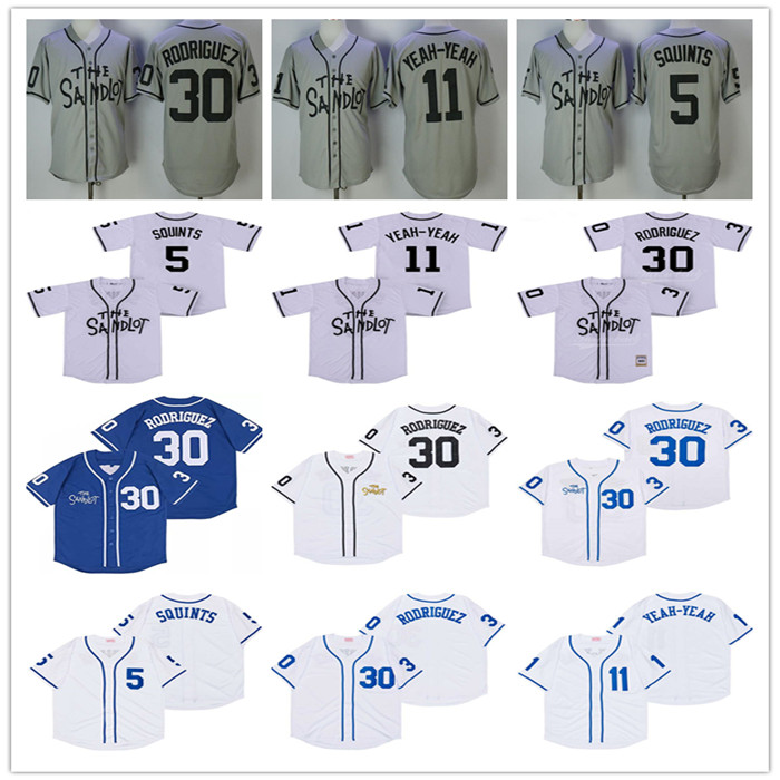 

Man The Sandlot Benny Movie Baseball 30 'The Jet' Rodriguez 5 Michael 'Squints' Palledorous 11 Alan Yeah-Yeah McClennan Jersey Stiched Gray White Blue, Yellow