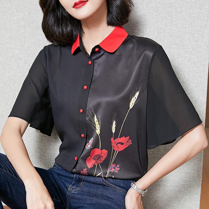 

Women's Blouses & Shirts COIGARSAM Short Sleeve Shirt Womens Tops Summer Print Patchwork Women Black 2311