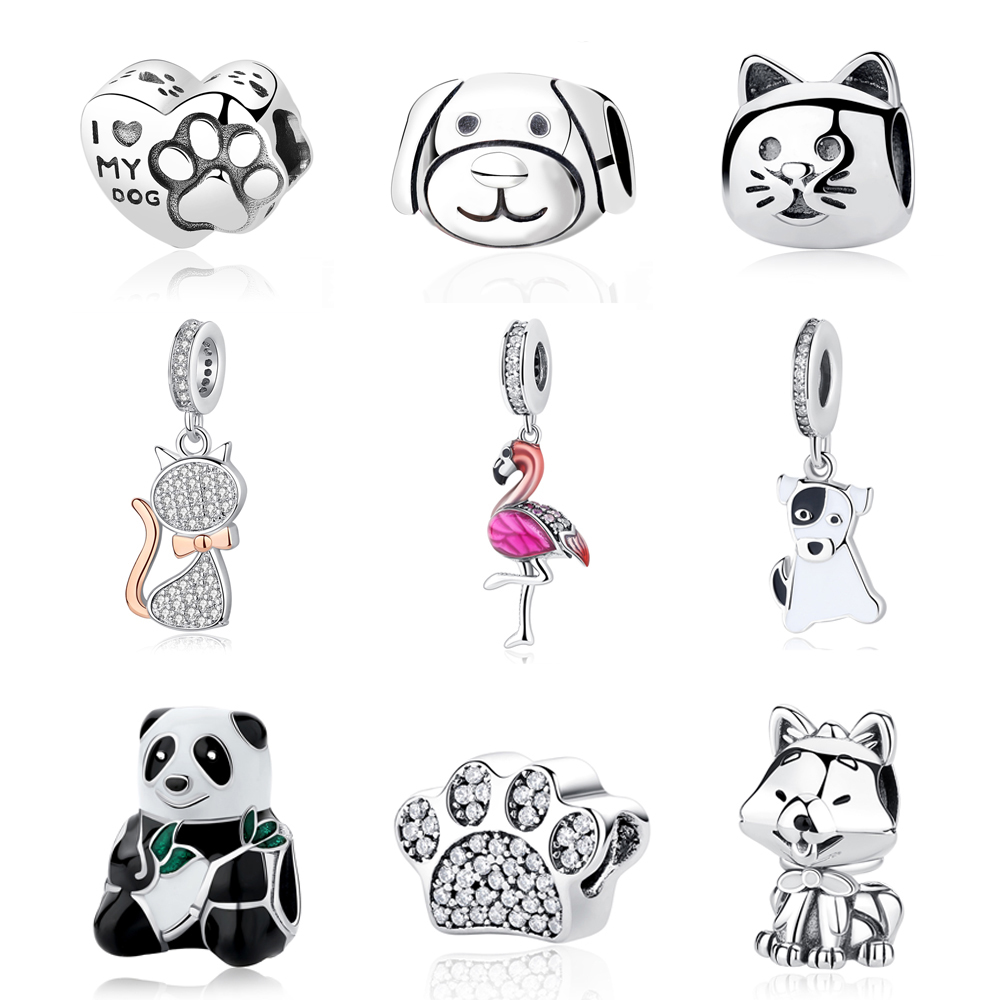 925 Sterling Silver Dangle Charm Amour Chien Chat Patte Panda Tortue Pendentif Perle Fit Pandora Charms Bracelet DIY Bijoux Accessoires
