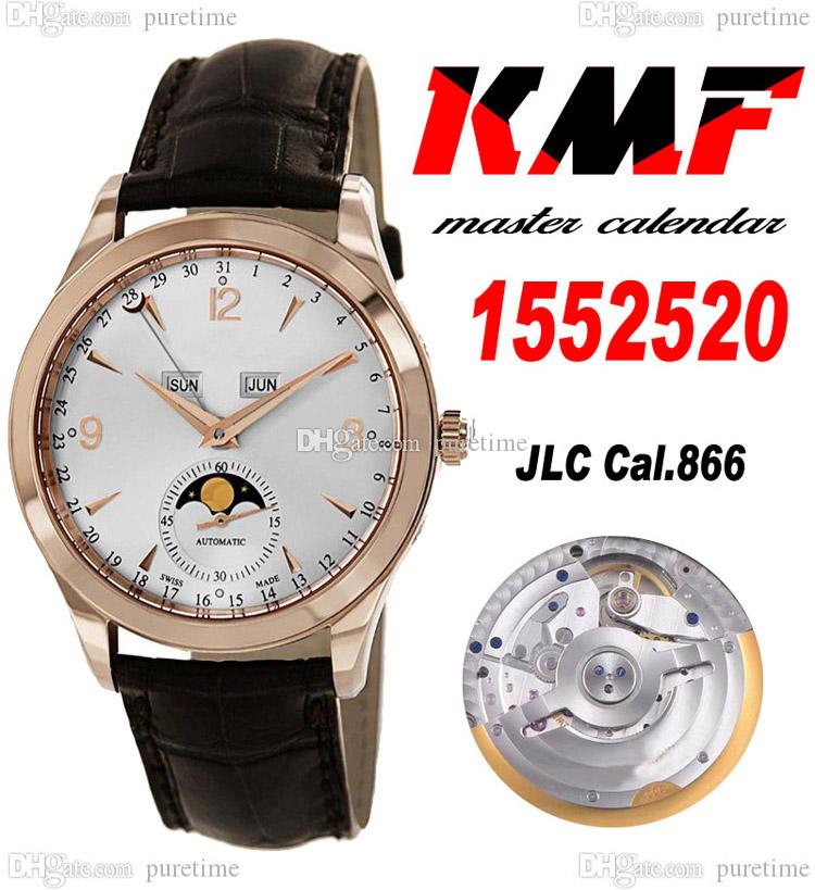

KMF Master Calendar 1552520 A866 Automatic Mens Watch Rose Gold Silver Dial Strick Number Markers Brown Leather Strap Super Eiditon Puretime B02, Black dial