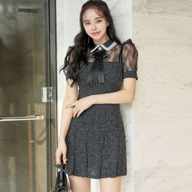 

Summer Womens Slim Princess Dress Sweet Bow Lace Puff Sleeve Patchwork Elegant Party Short Dresses 210526, Photo color