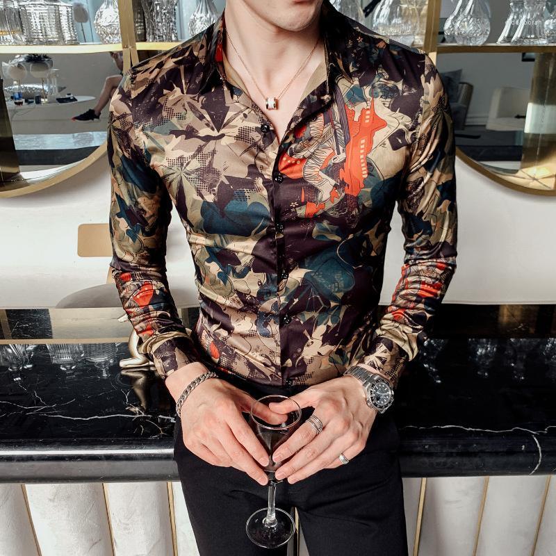 

Men's Dress Shirts British Style Shirt Men Flower Casual Slim Fit Fashion 2022 Autumn Long Sleeve Digital Print MenMen's Eldd22, Blue
