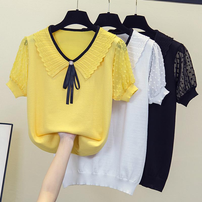 

Women's Sweaters Women Summer Kint Thin Sweater 2022 Short Sleeve V Neck Bow Patchwork Casual Loose Oversized Pullovers JumperWomen's, Black