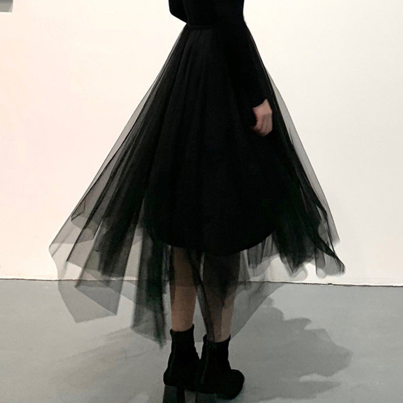 

Half skirt Female spring long mesh 2022 new black pleated irregular fairy skirt summer, Apricot