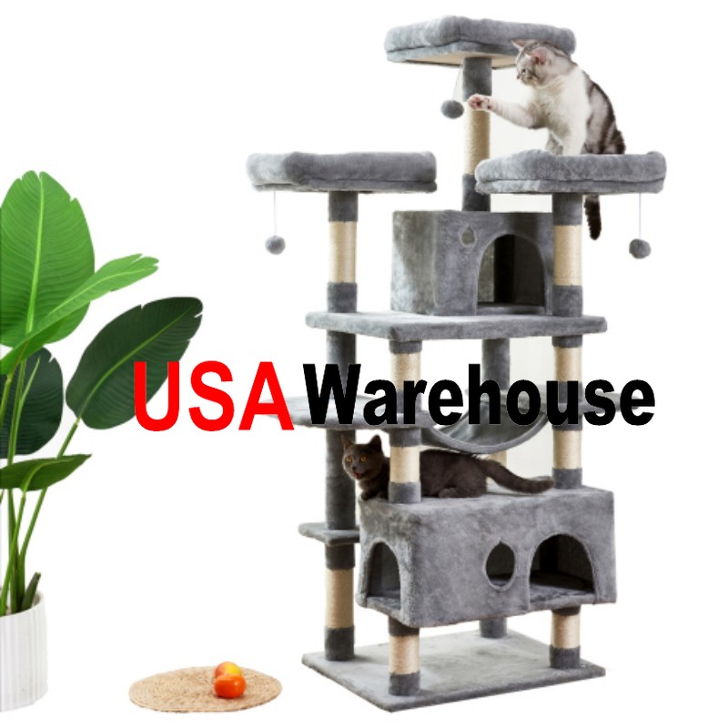 

US stock Large Cat Tree Condo Furniture with Sisal Scratching Posts Perches Houses Hammock, Cat Tower Kitty Activity Center Kitten Play House Gray W46918552