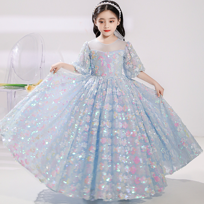 Blue Sequined Ball Gown Flower Girl Dresses Lace Applique O Neck Rhinestones Kids Pageant Dress Floor Length Girl's Birthday Party Gowns-image-759220674