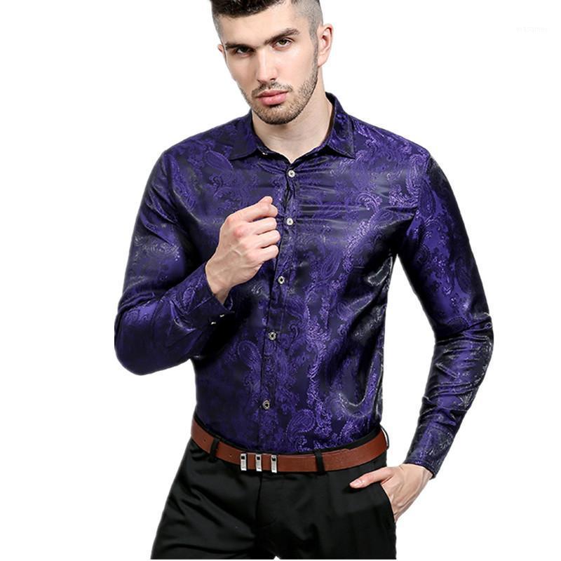 

Men's Casual Shirts Brand Shirt Fashion Camisa Masculina Long Sleeve Men Dark Grain Printing Design Formal Male Dress, Gold