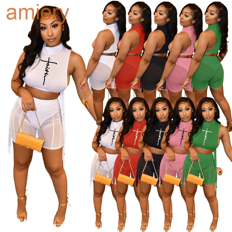 

Designer Women Tracksuits Letter Printed Sexy Safety Pants Sets Two Piece Sheer Mesh Splicing Shorts Bandage Sleeveless Vest Suit, Style b mix colors