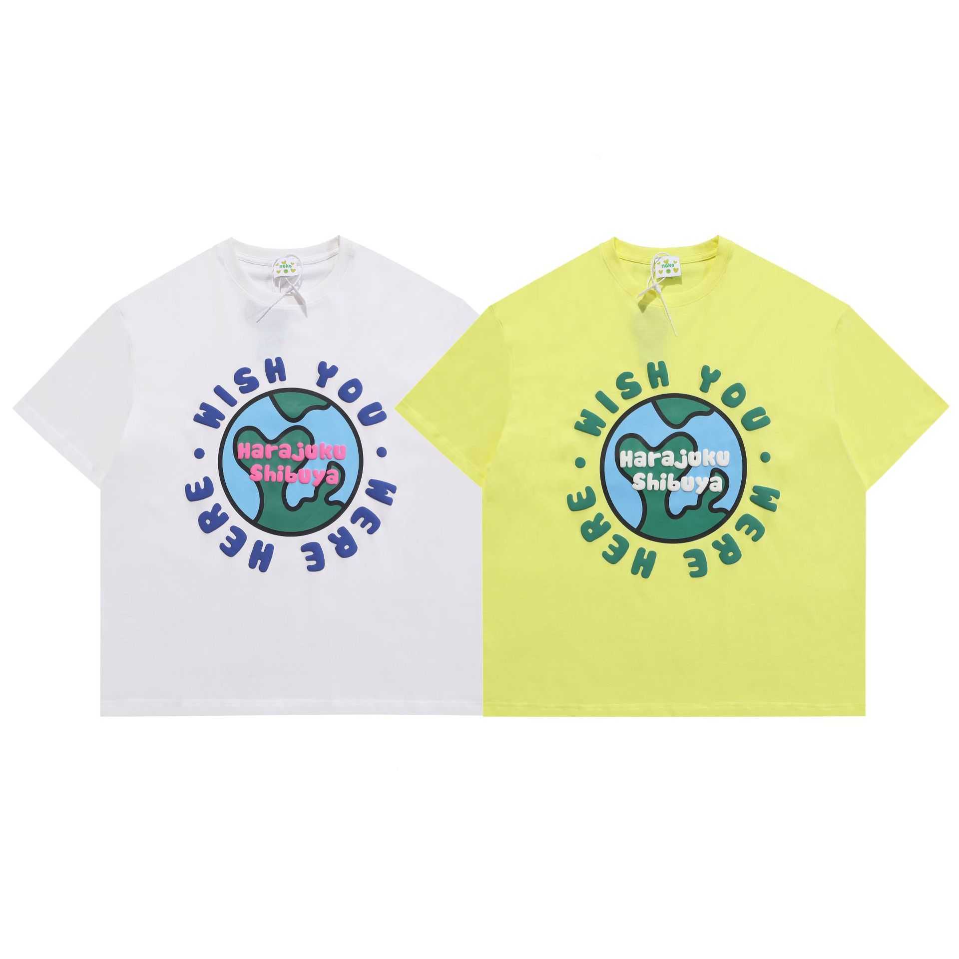 

Men' T-Shirts South Korea Noko short sleeve loose fun bubble hair letter leisure niche earth T-shirt lovers ins fashion brand men and women, Yellow