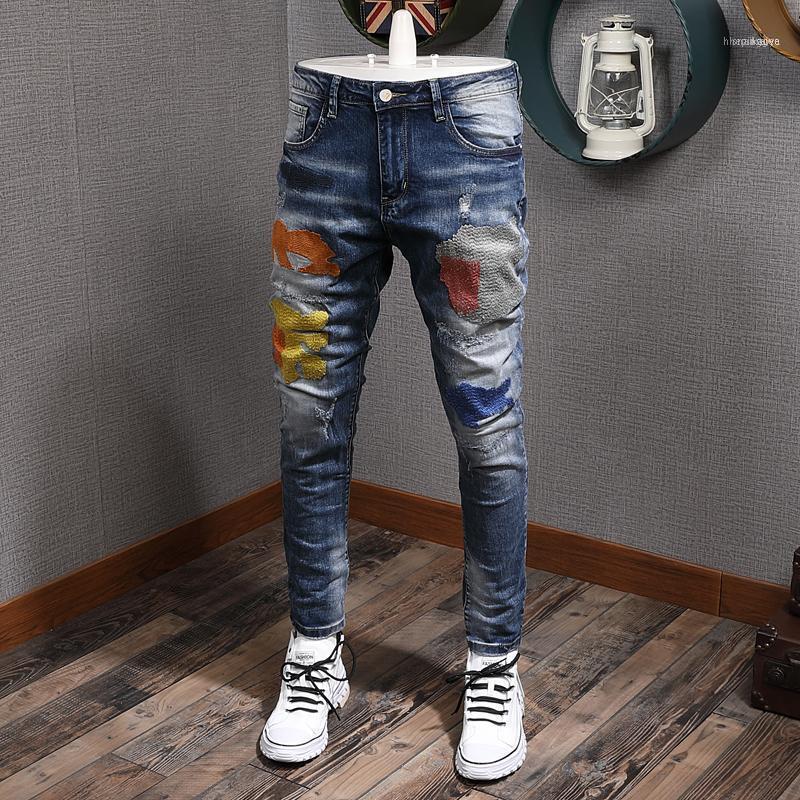 

Men's Jeans Autumn Hole Denim Men Embroidered Fashion Brand Korean Style Vaqueros Hombre Skinny Washed Slim Elastic Feet1, Blue