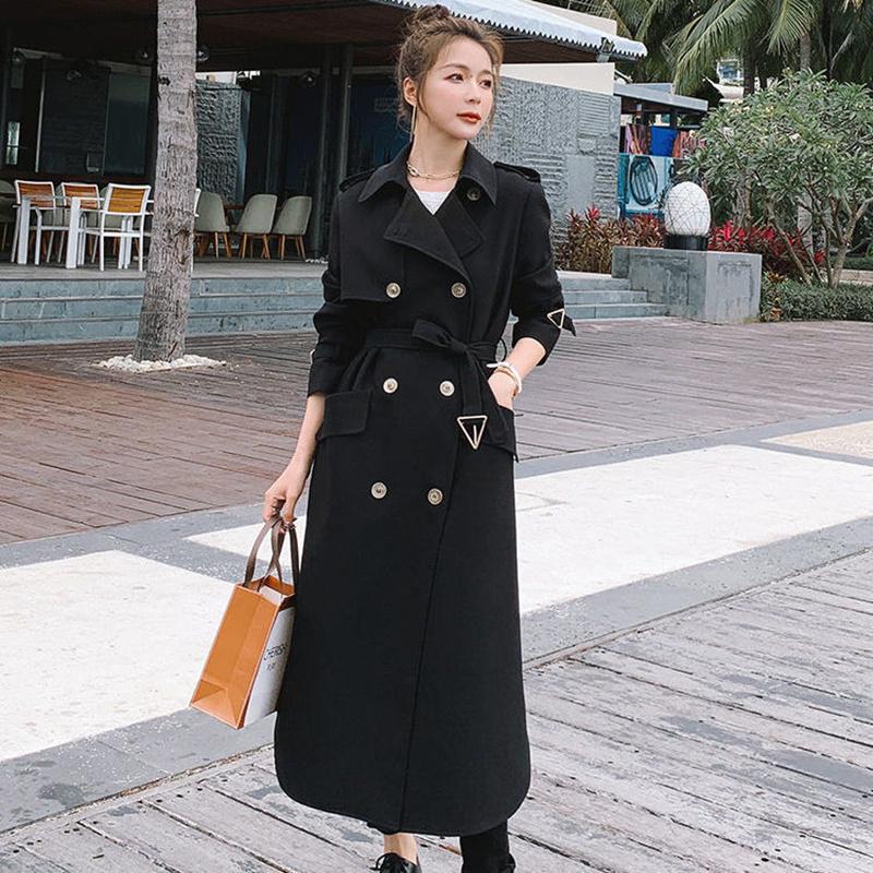 

Women' Trench Coats Brand Fashion 2022 Spring Autumn Casual Double Breasted Simple Classic Long Coat With Belt Black Female Windbreaker, Black 8676