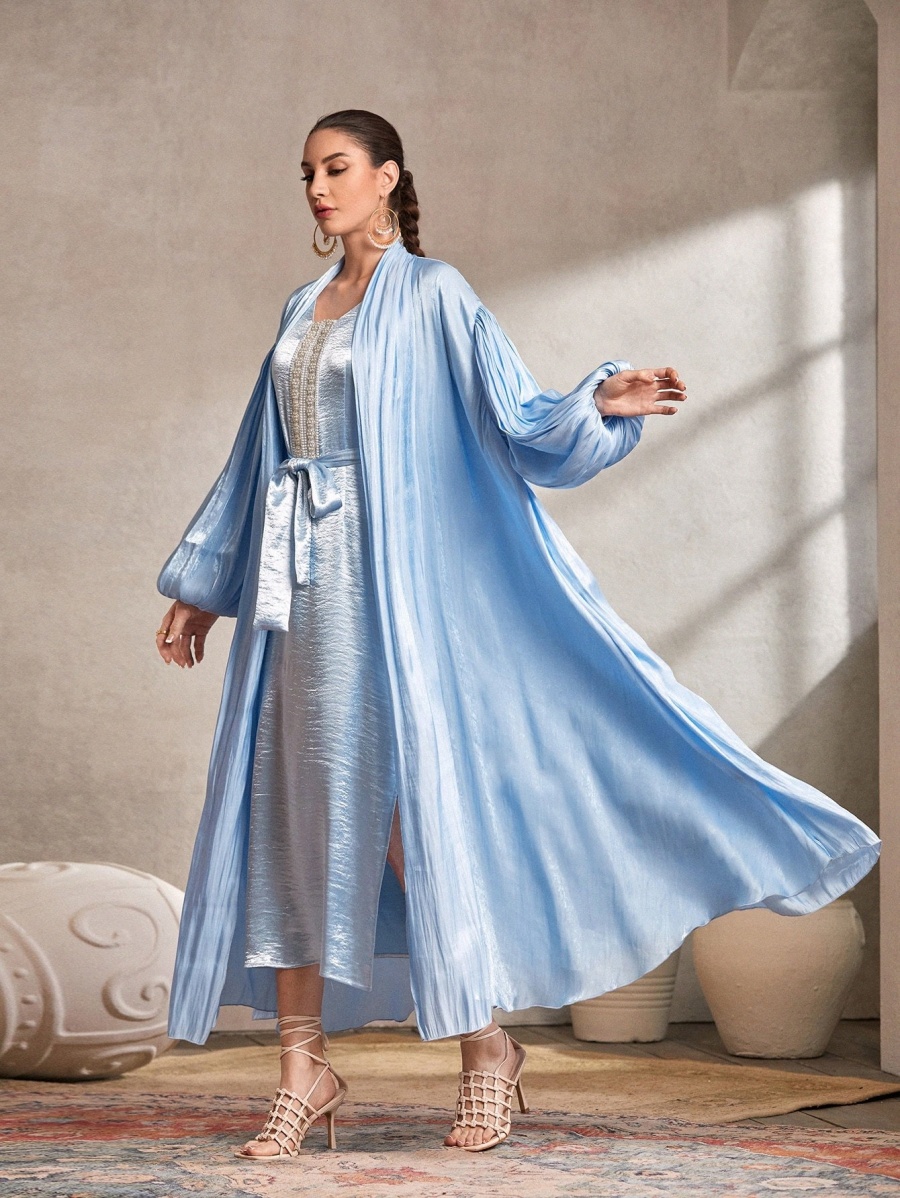 

pearls Split Thigh Belted Metallic Dress & Lantern Sleeve Coat 993L#, Blue