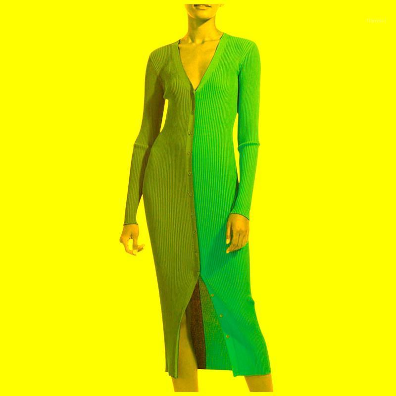 

Casual Dresses Gradient Patchwork Knitted For Women Long Sleeve Deep V Neck Side Split Winter Dress Elegant Lady Evening Vestidos Robe, Blue