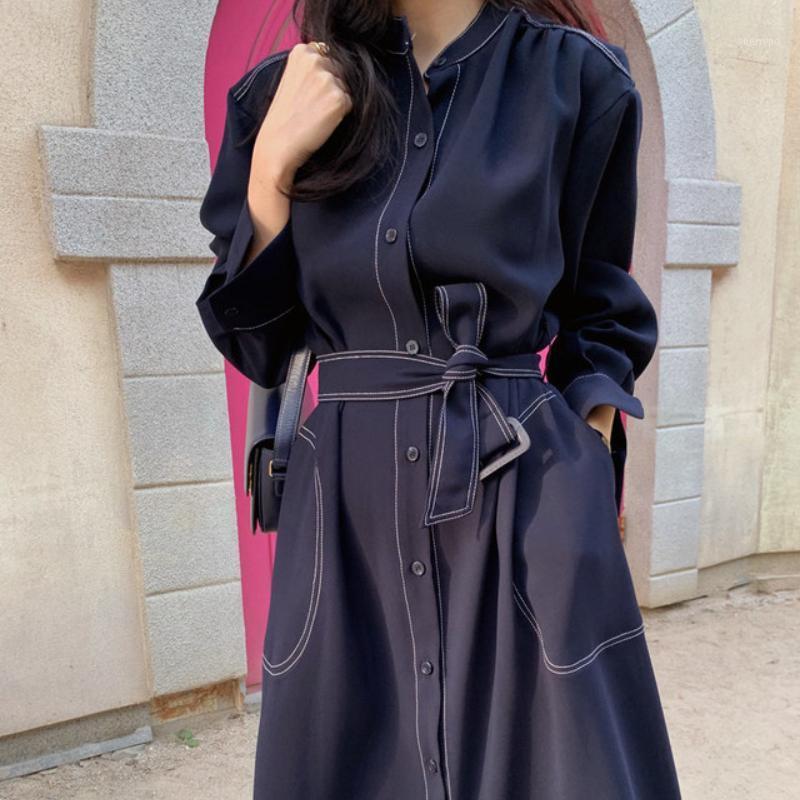 

Women' Trench Coats HEROOTD Chic Korean Style Elegant Stand Collar Single Breasted Loose Lace Up Split Coat Long Dresses Women Skirt, Dark blue