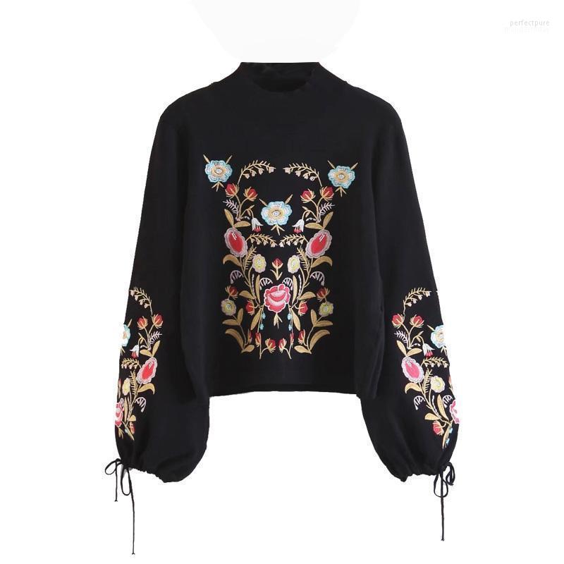 

Long Sleeve Knitted Sweater Women Vintage Black Floral Embroidery 2022 Turtleneck Pullovers Boho Casual Femme Sweaters Women' Perf22